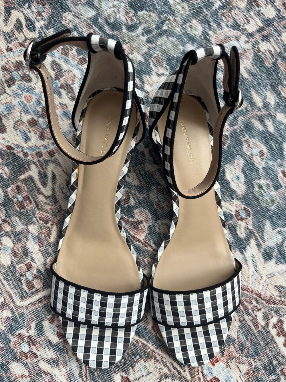 Ann Taylor Black & White Gingham Ankle Strap Heels